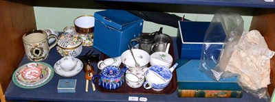 Lot 61 - 18th century tea bowls, Continental ink pot, two Wedgwood mugs, invalid mugs, lace, book  'She...