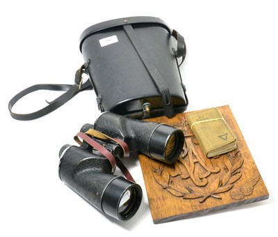 Lot 92 - A pair of Bausch and Lomb military binoculars, a RAF carved oak wall plaque and a bible