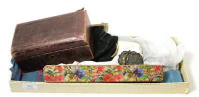 Lot 93 - A leather box, leather gloves, handbag, silks etc