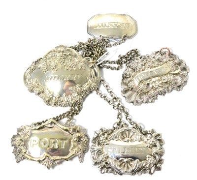 Lot 101 - Three silver labels 'Brandy', 'Hollands', 'S Whiskey' and two plated labels 'Sherry' and 'Port'