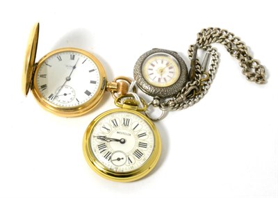 Lot 120 - A gold plated Waltham pocket watch, gilt metal pocket watch and a lady's fob watch with case...