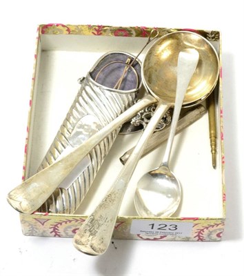 Lot 123 - A pair of silver ladles, Newcastle silver spoon, S.Mordan silver pencil, another pencil and a...