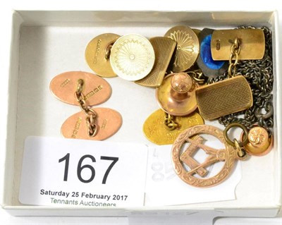 Lot 167 - Two pairs of 9ct gold cufflinks, single cufflink, Masonic medal stamped '9ct', two studs and an Art