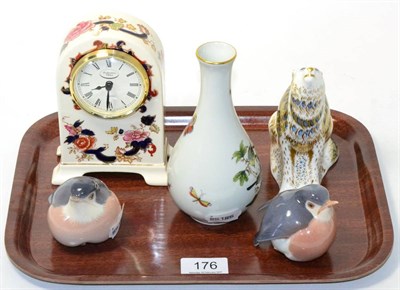 Lot 176 - A Masons clock, Herend vase, Copenhagen birds and a Royal Crown Derby wolf with gold back stopper
