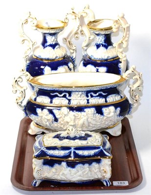 Lot 183 - Four piece blue and gilt ceramic vase set