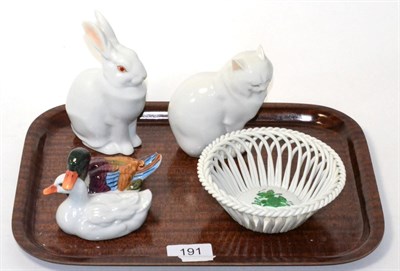 Lot 191 - Three Herend figures comprising a rabbit, a cat and a duck group, together with a Herend basket