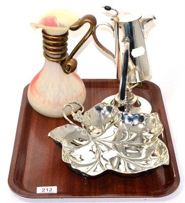 Lot 212 - A plated Asprey & Co chocolate pot and spirit burner, WMF plated leaf dish and a modern studio...