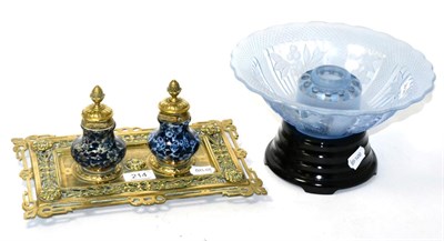 Lot 214 - An Art Deco rose bowl on stand, an Edwardian brass inkstand with pottery inkwell