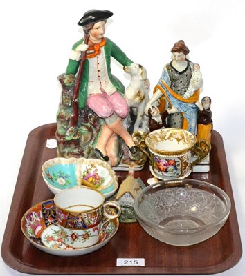 Lot 215 - A Pearlware figure ";Charity";, cabinet cups, frosted glass bowl, Staffordshire figure etc