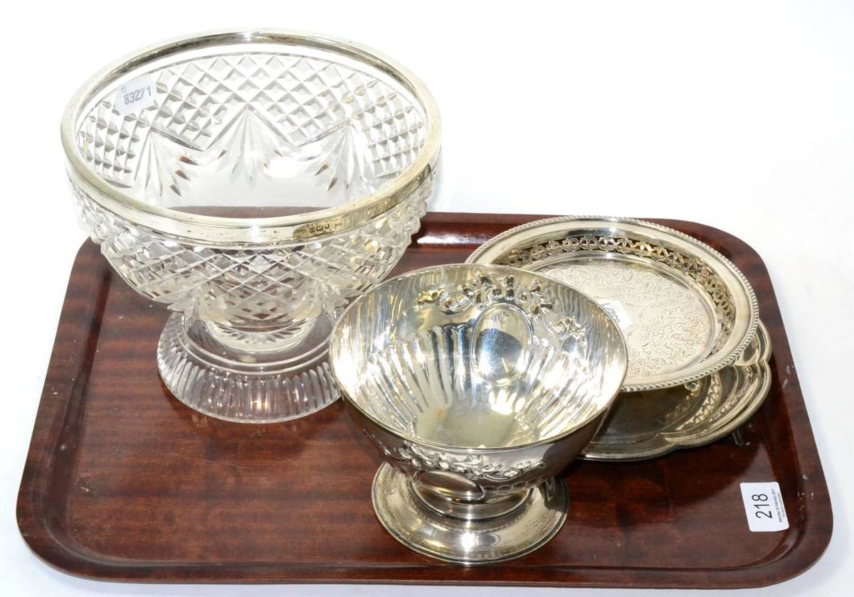 Lot 218 - An Edwardian silver-rimmed crystal glass pedestal bowl, London, 1909, 20cm in diameter;...