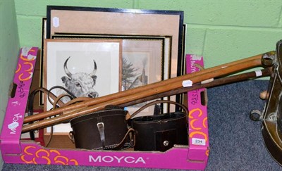 Lot 234 - Three walking sticks, a riding crop, two pairs of binoculars, two Indian watercolours and three...