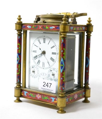 Lot 247 - A reproduction brass enamel striking and repeating calendar alarm centre seconds carriage clock