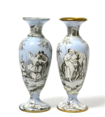 Lot 255 - A pair of 19th century enamel vases, decorated with figures in classical landscapes