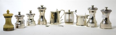 Lot 262 - Seven silver, silver plated and silver mounted pepper grinders and two mustard pots