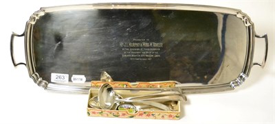 Lot 263 - Two silver table spoons, silver sauce ladle, enamel teaspoon, teaspoon and a presentation...