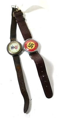 Lot 276 - A Continental steel cased wristwatch with leather strap and another chrome example, each with later