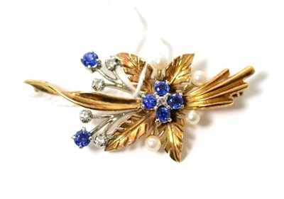 Lot 284 - A 9ct gold sapphire, diamond and pearl spray brooch