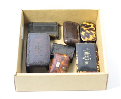 Lot 290 - Seven 19th century tortoise shell and wooden snuff boxes