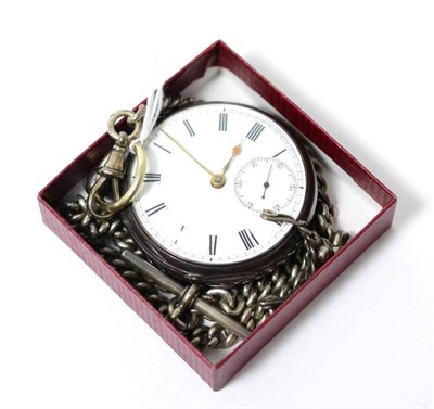 Lot 304 - A silver open faced pocket watch with attached silver curb link chain