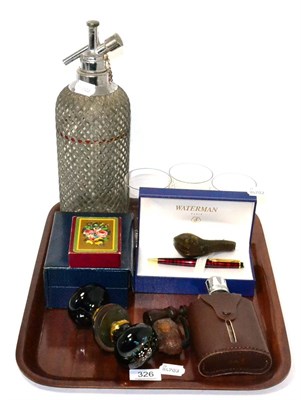 Lot 326 - A cased Meerschaum pipe, a pair of enamel door handles, a Waterman ball point pen, a desk seal,...