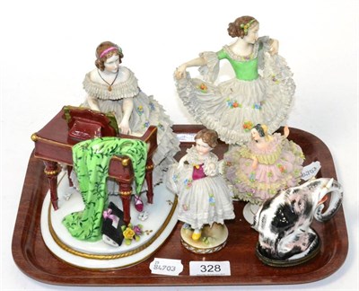 Lot 328 - Four Continental lace figures together with an elephant form porcelain snuff box (a.f.)