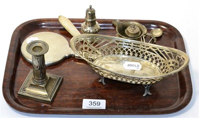 Lot 359 - Small silver comprising a boat shaped bowl, a milk jug, two pepperettes, a candlestick, a hand...