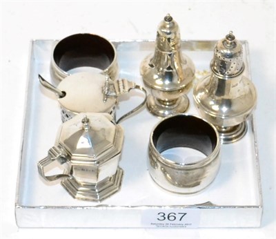 Lot 367 - Silver pepperettes, two napkin rings and two salts