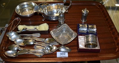 Lot 369 - A group of silver including a sauce boat, a Victorian tortoise shell mounted ring box, two...