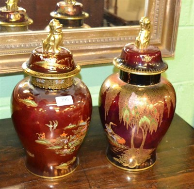 Lot 395 - A pair of Carlton Ware 'Rouge Royal' covered vases (one a.f.)