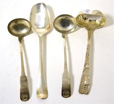 Lot 399 - A pair of Scottish silver toddy ladles, Edinburgh 1818, a Hanoverian tablespoon and a later...