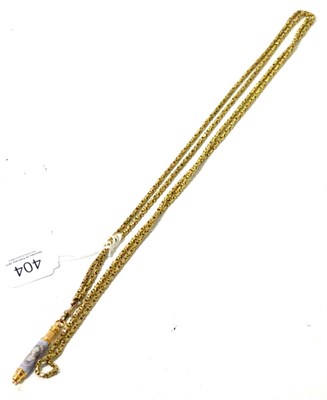 Lot 404 - A long fancy guard chain, stamped '9CT' suspending an enamelled propelling pencil