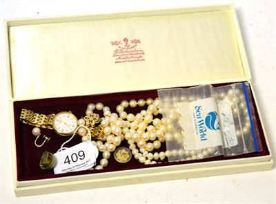 Lot 409 - A cultured pearl necklace, two other pearl necklaces, a pair of cultured pearl earrings and a...