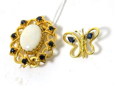 Lot 417 - A 9ct gold opal and sapphire brooch and a butterfly brooch, stamped '750'