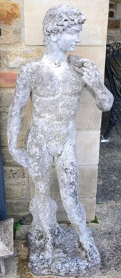 Lot 1025 - A ";Carrara Statue"; of David in weathered condition, with reference leaflet. 1.2m  ";Carrara...