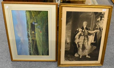 Lot 1026 - Mezzotint after Lawrence of Robert Stewart 2nd Marquess Londonderry and a large modern golfing...