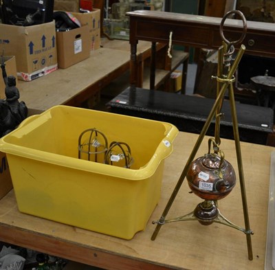 Lot 1035 - A WW1 trench copper spirit kettle, ships hallborn corridor lights, four keys, two seal presses, two