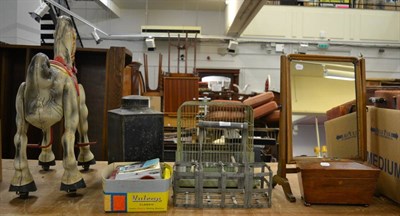 Lot 1040 - A 19th century tea jar and cover, a bird cage, milk carrier, Vulcan sewing machine and a Mobo...