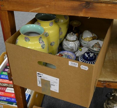 Lot 1042 - A group of Oriental ceramics including a small 19th century Canton famille rose teapot, three...