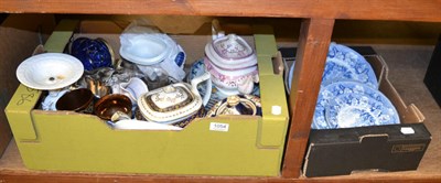 Lot 1054 - Two boxes of ceramics, glass and Rodgers blue and white