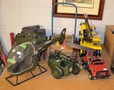 Lot 1069 - Action man tank and two other vehicles; Mamod and Meccano car and blocks on trolley