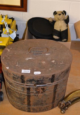 Lot 1070 - A metal hat box, two top hats, puppet and a teddy bear