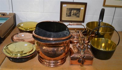 Lot 1093 - A group of copper and brass including jam pans, kettles, coal bucket, etc