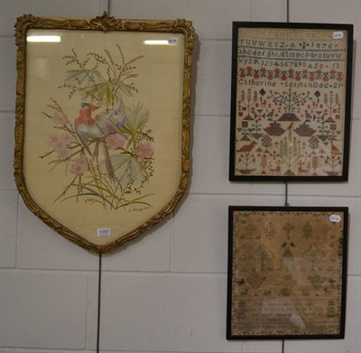 Lot 1095 - Two 19th century samplers dated 1816 and 1876 and a tapestry depicting two birds and signed to...