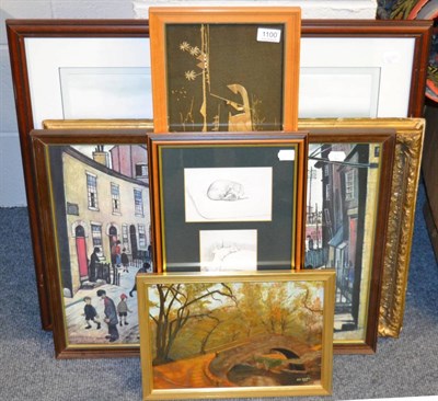 Lot 1100 - Six various framed articles including one landscape watercolour, a print of Venice etc