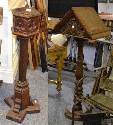 Lot 1118 - A carved oak book stand together with a carved oak smokers stand in the Gothic taste