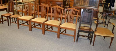 Lot 1126 - An Edwardian chair, a rush seated chair, a set of four oak dining chairs, a 19th century carved oak