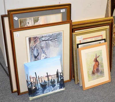 Lot 1165 - A group of framed prints and watercolours and a small unframed oil