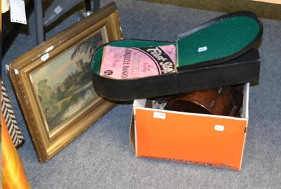 Lot 1174 - Victorian church collection box, oil painting, banjo and a cuckoo clock