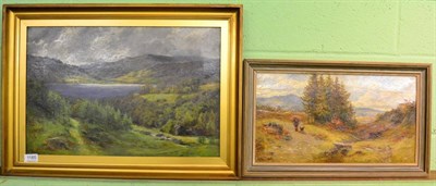 Lot 1185 - J H Crossland, An extensive view of the Lake District, signed oil on canvas, together with a...