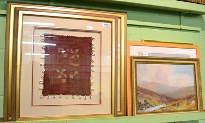 Lot 1186 - 20th century landscape oil, a watercolour, a print and two framed tribal textiles